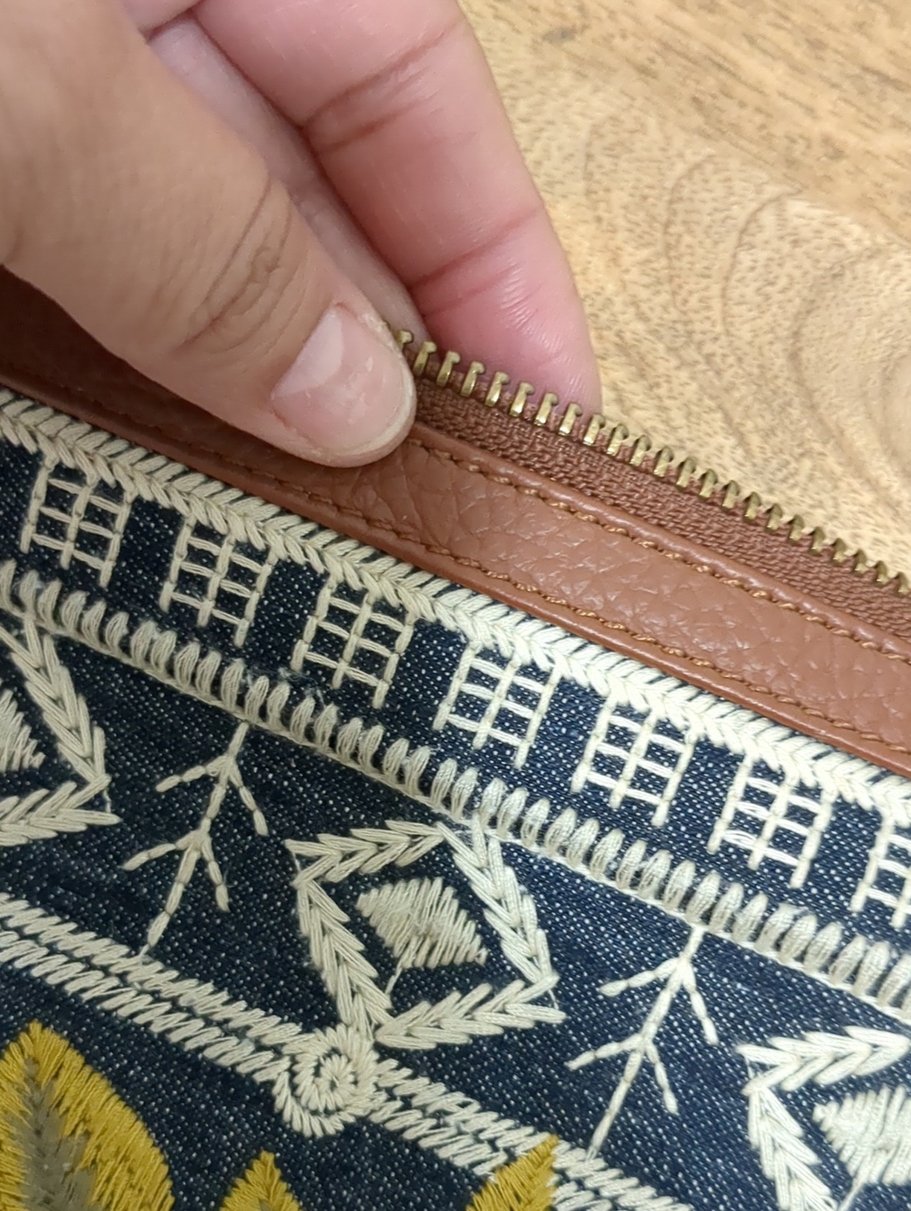JOHNNY WAS Hand-Embroidered Floral Crossbody Bag with Tassel - Denim and Brown - Picture 9 of 12